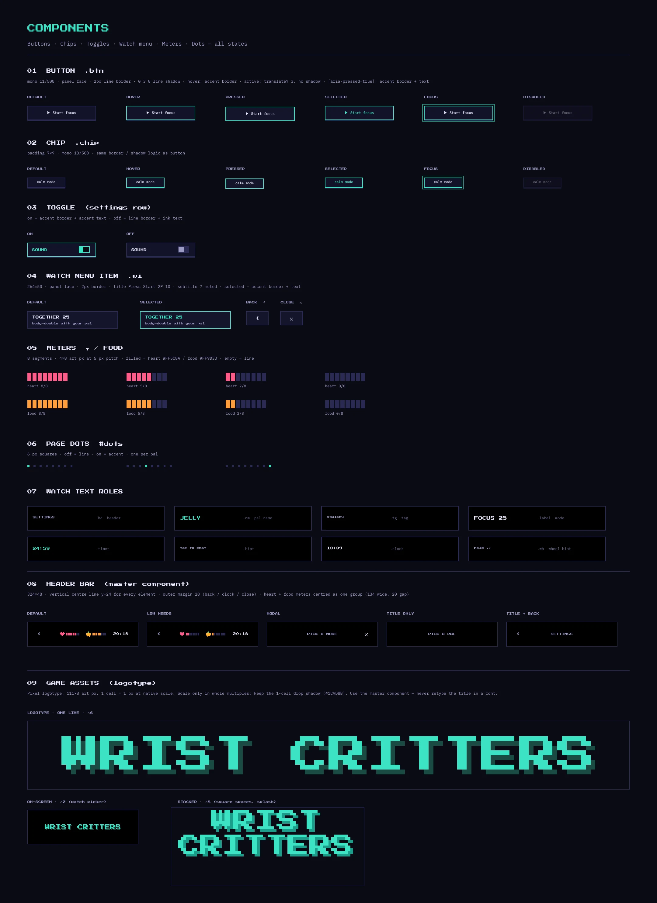 Component library: buttons, chips, toggles, menu items, meters, dots, headers and the logotype