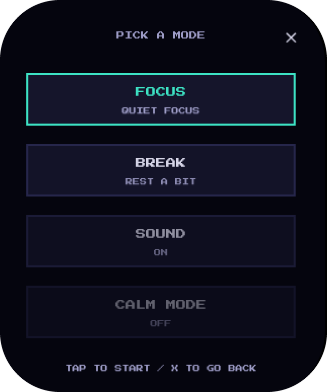 Mode list with focus, break, sound and calm mode