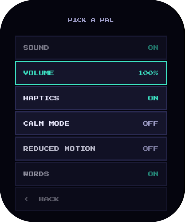 Settings list with sound, volume, haptics and calm mode
